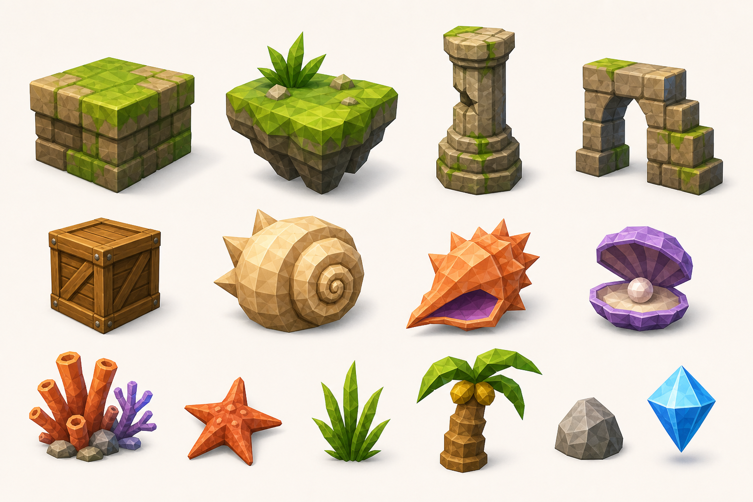 A sheet of low-poly Shellbound environment props including platforms, shells, coral, and ruins.