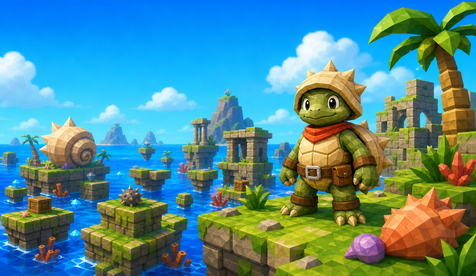 A cheerful low-poly turtle explorer stands on a sunny seaside platforming level.