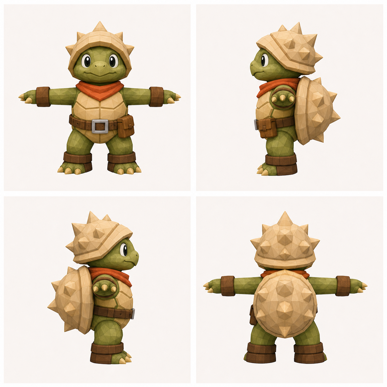 A four-view turnaround sheet of the more turtle-like Shellbound hero.